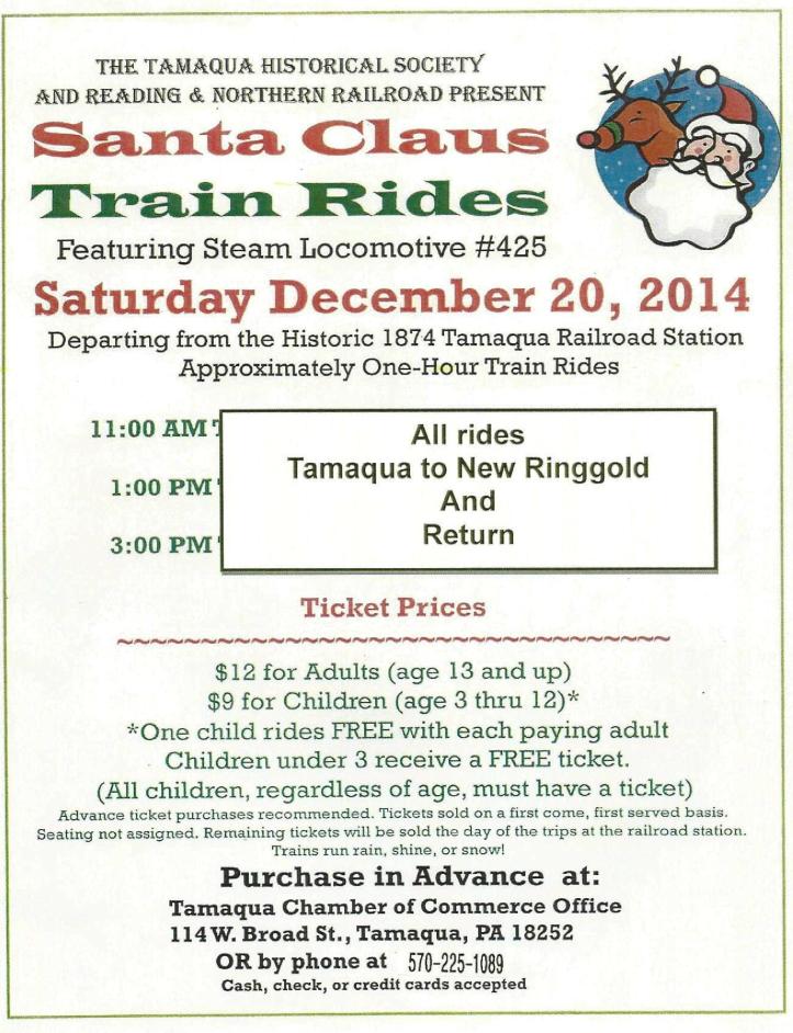 11-20-2014, Tamaqua Chamber of Commerce, Chamber Chatters, Santa Claus Train Rides on Saturday, December 20