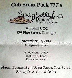 11-22-2014, Spaghetti Dinner Fundraiser for Cub Scout Pack 777, St. Johns UCC, Tamaqua (2)