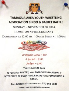 11-30-2014, Tamaqua Area Youth Wrestling Association Bingo, Basket Raffle, Hometown Fire Company
