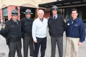 Pictured from left are PA State Police Sergeant Scott Ohl and Corporal David Mayes of the Schuylkill Haven barracks, Governor Tom Corbett, Lieutenant Craig Stine of the Reading Barracks, and Schuylkill County Commissioner George Halcovage.