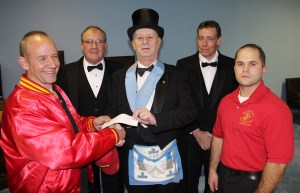 Pictured from left are Tom Fenon, member, SCMCL; John Schickram, Sr. Warden, Tamaqua Masons; Donald Fetter, Worshipful Master, Tamaqua Masons; Jerome Betz, Jr. Warden, Tamaqua Masons; and James Martinez, member, SCMCL.