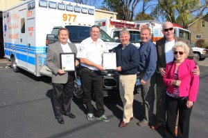 Pictured with the new ambulance are, from left, Ryan Township supervisor Secretary Franklin Fetter, Chief Darrell Harris, Senator Dave Argall, Ron Fike of Speclin Emergency Vehicles, and grant writer Randy Ring (with his wife wife Nancy).