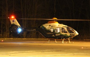 Pictured is one of two helicopters. This one landed at the middle school parking lot. The other landed on the football field.