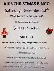 12-13-2014, Kids Christmas Bingo, benefits Tamaqua, PV Girl Scouts, held at West Penn Fire Company, West Penn