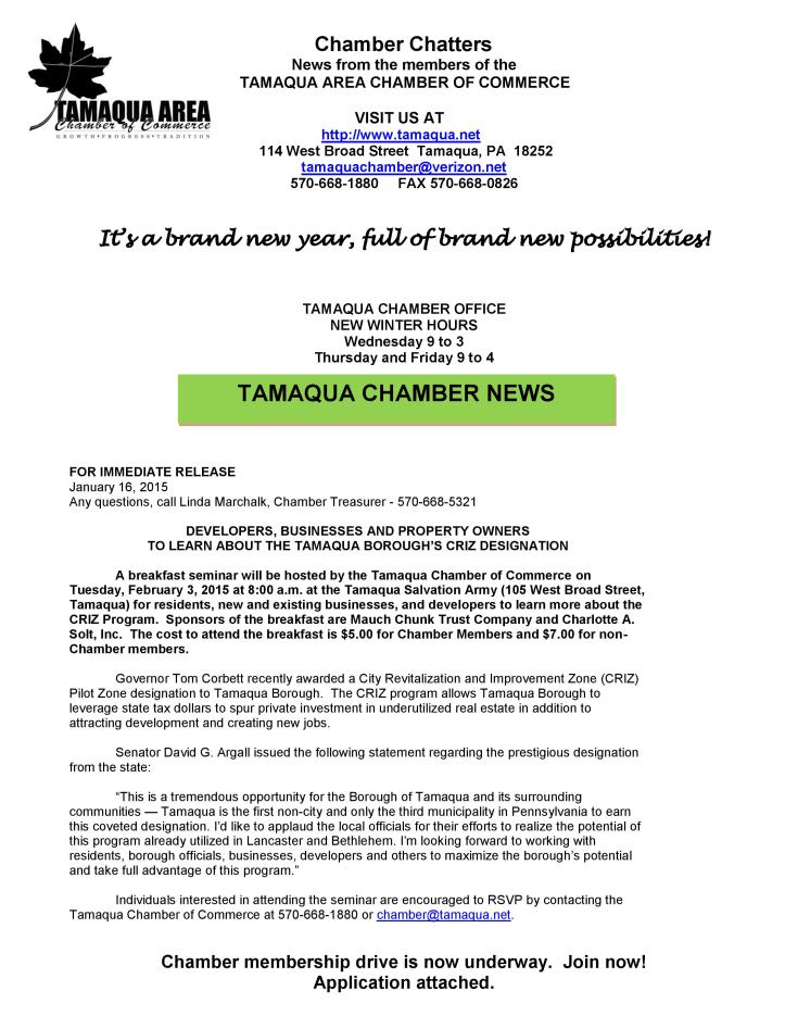 1-16-2015, Tamaqua Chamber of Commerce, Chamber Chatters-page-001
