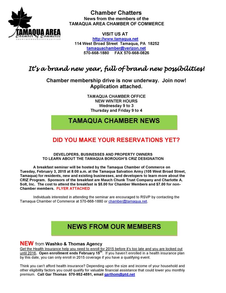 1-23-2015, Tamaqua Chamber of Commerce, Chamber Chatters-page-001