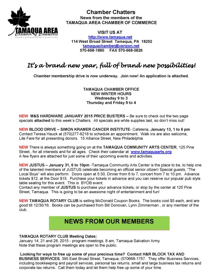 1-9-2015, Tamaqua Chamber of Commerce, Chamber Chatters-page-001