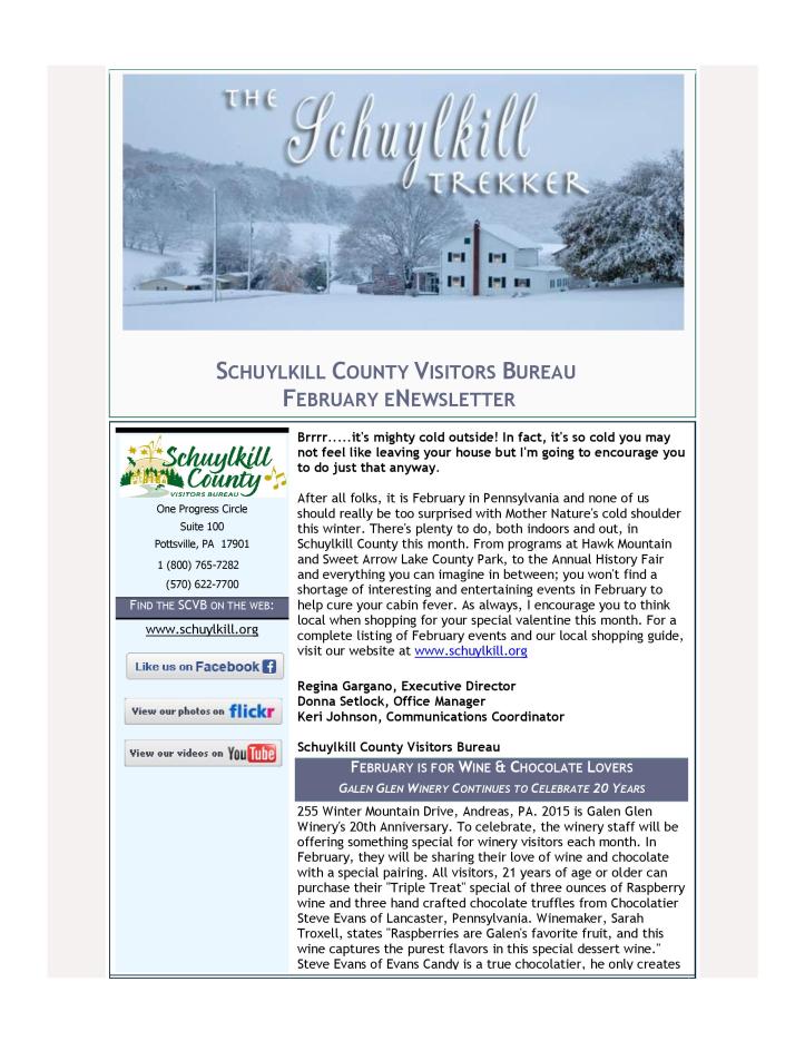 Schuylkill County Visitors Bureau Newsletter, February 2015-page-001