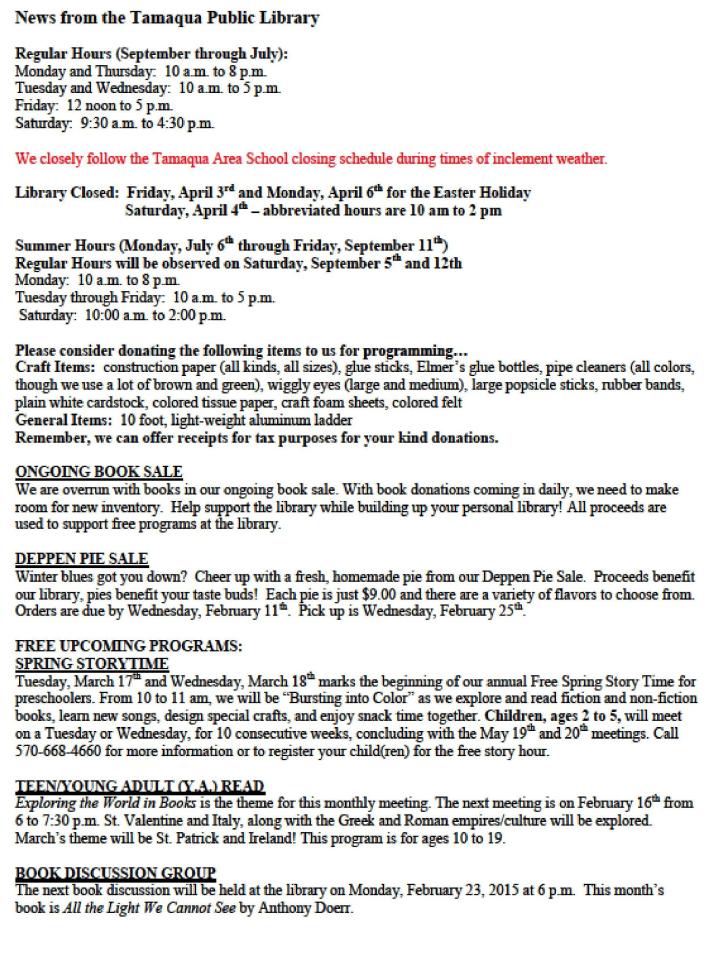 2-13-2015, Tamaqua Chamber of Commerce, Chamber Chatters-page-019, Tamaqua Public Library News