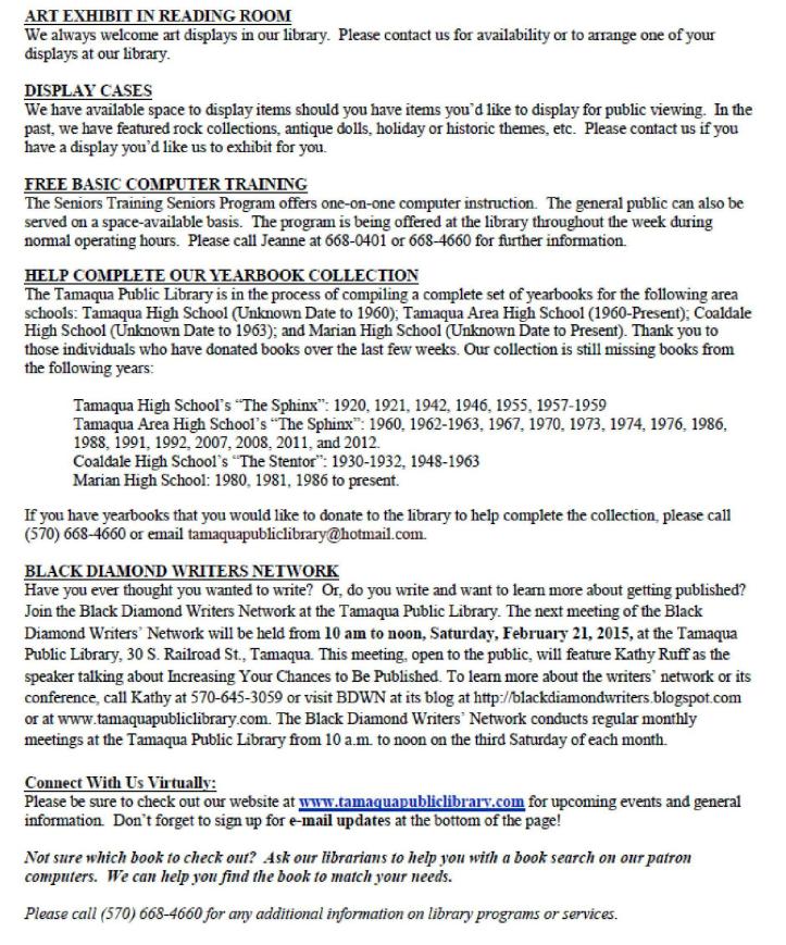 2-13-2015, Tamaqua Chamber of Commerce, Chamber Chatters-page-020, Tamaqua Public Library News (2)