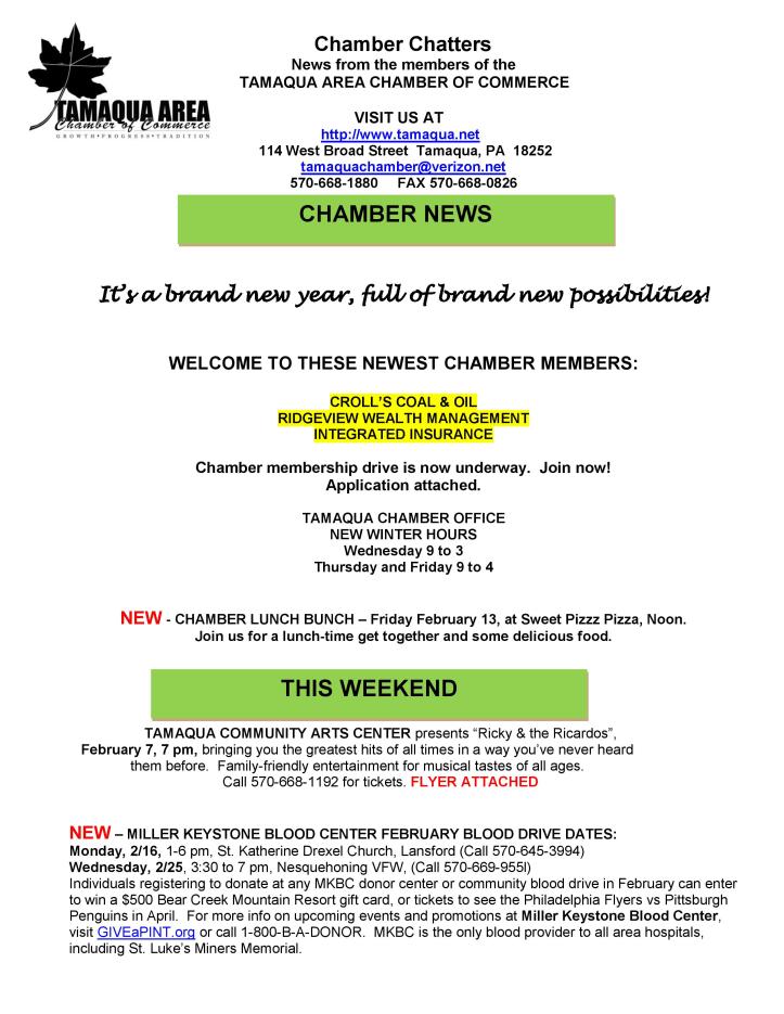 2-6-2015, Tamaqua Chamber of Commerce, Chamber Chatters-page-001