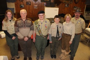 Pictured from left are Candy DeWald (Commissioner), Kayla Schmerfeld, Amy Schmerfeld, Marcus Schmerfeld, Paul Schmerfeld, and Roy Bradbury (Scoutmaster).