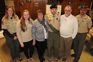 tured from left are Candy DeWald (Commissioner), Kayla Schmerfeld, Amy Schmerfeld, Marcus Schmerfeld, Paul Schmerfeld, and Roy Bradbury (Scoutmaster).