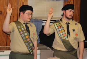 Pictured swearing in as Eagle Scouts are Kenny Boyle, left, and Marcus Schmerfeld.