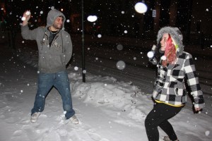Friends Throwing Snowballs, North Railroad Street, Tamaqua, 2-1-2015 (3)