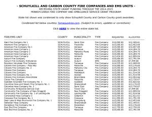 Schuylkill and Carbon County Fire Companies and EMS Units Receiving State Grants, OSFC-page-001