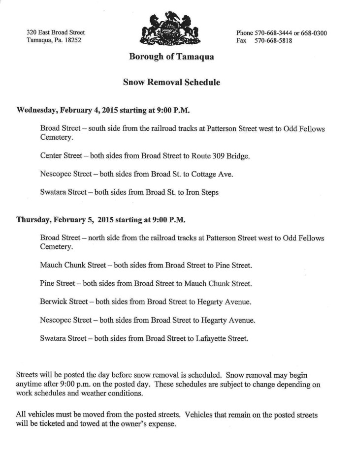 Snow Removal Schedule 02-04-15 to 02-05-15-Tamaqua PA