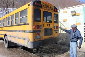 Washing School Bus, Schickram's Car Wash, Tamaqua, 2-23-2015 (2)