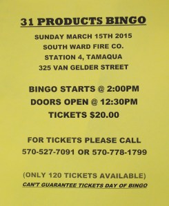 3-15-2015, 31 Product Bingo, South Ward Fire Company, Tamaqua
