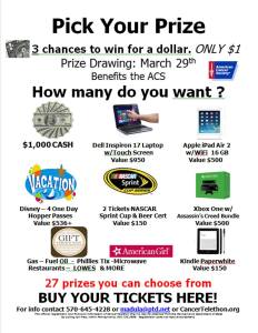 3-29-2015, ACS Chinese Auction, One Dollar Prize POSTER, Lakeside Ballroom, Barnesville