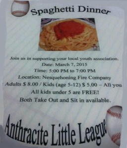 3-7-2015, Spaghetti Dinner, benefits Anthracite Little League, Nesquehoning Fire Company, Nesquehoning