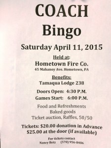 4-11-2015, Coach Bingo, benefits Tamaqua Lodge 238, Hometown Fire Company, Hometown
