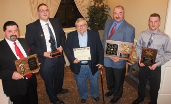 Pictured from left are Lance Borchick who received the 2014 Chief Bob Leshko McAdoo Fire Company Memorial Award, Nick Turner who received the 2014 Firefighter of the Year, Andrew Yulicny who represented the longest serving MFC member (51 years) in attendance, Robert Leshko Sr. who received the McAdoo Fire Company Presidential Award, and Frank Helmer who received the 2014 Chief Bob Leshko McAdoo Fire Company Ambulance Association Memorial Award.