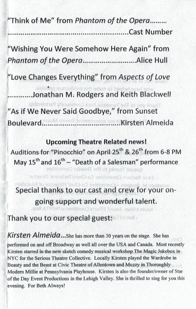 Andrew Lloyd Webber Cabaret, Tamaqua Area Community Theatre, Community Arts Center, Tamaqua PROGRAM 3