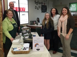 Dianna Ahner and Jesse Walck of Mauch Chunk Trust Company are shown with Family Promise supporters Sophia and Gina Samoleski of Nesquehoning on the Soup Day event hosted by MCT.  Natalie Bojko of Family Promise is shown standing next to the Samoleski family.