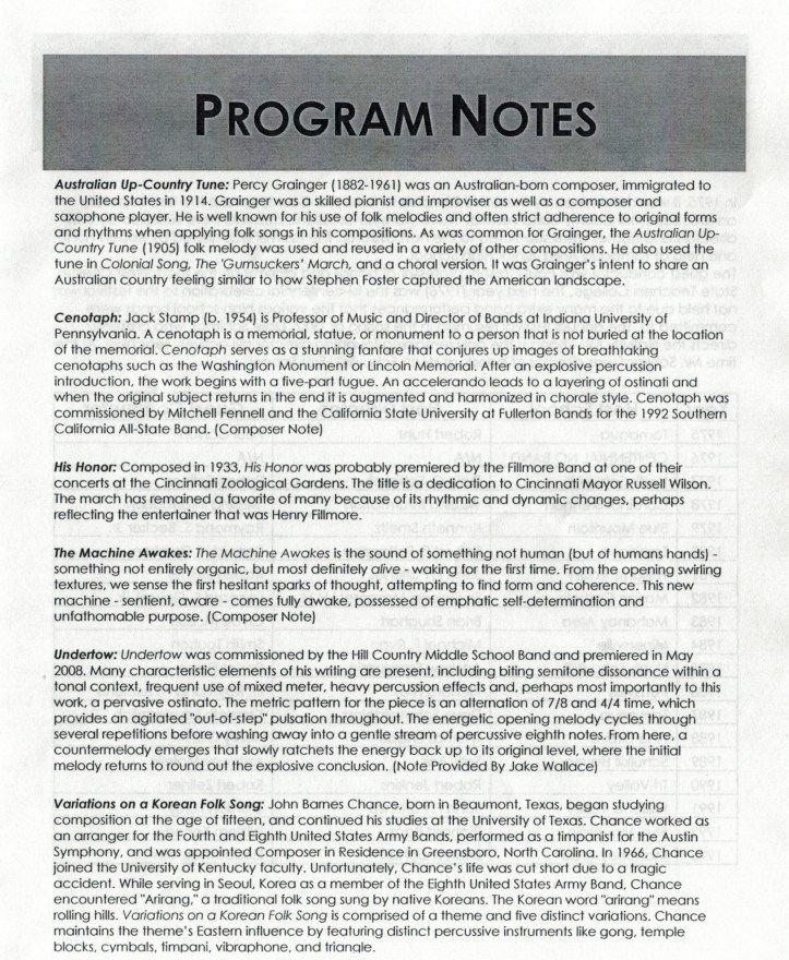 Schuylkill County Band at Williams Valley High School, Tower City, 3-7-2015 (9) (PROGRAM NOTES)