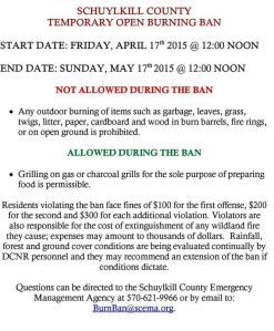 4-17 to 5-17, 2015, Schuylkill County Burn Ban, Schuylkill Emergency Management Agency