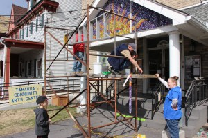 Preparing for Art Work, Glass, front of Tamaqua Community Arts Center, Tamaqua, 4-6-2015 (2)