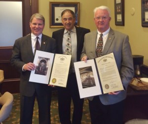 Special to TamaquaArea.com / Senator Argall, left, and Rep. Jerry Knowles, right, present a congratulatory citation from the Senate of Pennsylvania and House of Representatives to Andrew Muller, Chairman and CEO of Reading Blue Mountain and Northern Railroad, center, for being named the 2015 Regional Railroad of the Year by Railway Age. 