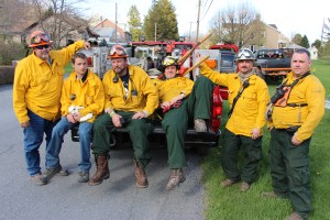 Pictured on scene of the brush fire were members of the Diligence Fire Company in Summit Hill. From left are Ed Nunemacher, Tyler Heffelfinger, Robert Ritchie, Kevin Connors, Len Ogozalek, and JC Poko.