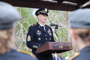 Panther Valley JROTC cadets listen as Sgt. Major of the Army Dan Dailey speaks during the Carbon County Safety Day held at Mauch Chunk Lake State Park.