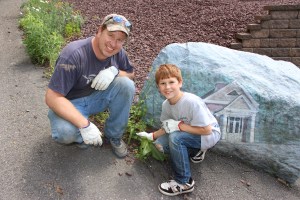 Father, Son Pulling Weeds, Owl Creek Road Entrance Park, Tamaqua, 6-6-2015 (1)