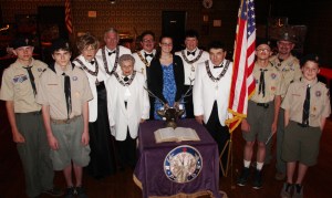 Pictured from left are scout Ford Bradbury, scout Aidan Bonner, Esteemed Leading Knight Nancy Boyle, Tiler William Seibert, Chaplain Gertrude Kufrovich, Exalted Ruler Gerald Kufrovich DDGER, Madison Cavenas, Secretary Ruth Jane Balliett PER, Inner Guard Ronald Blum, scout John Henry, scout Roy Bradbury, and Scoutmaster Brian Boyle.