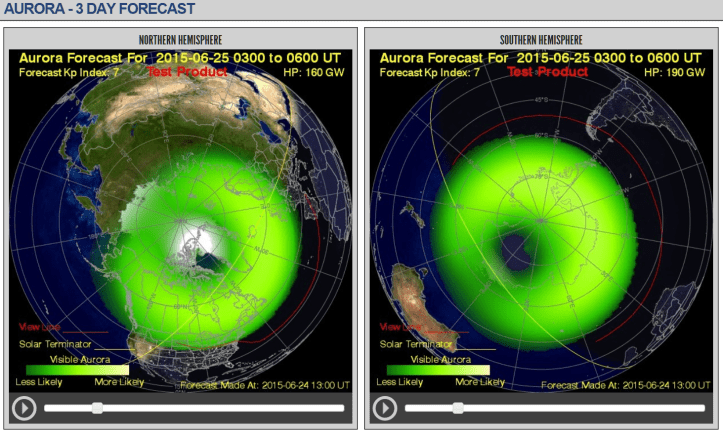 Forecast imagery from the Space Weather Prediction Center of NOAA show the lights will be at their brightest over Pennsylvania around midnight Wednesday night.
