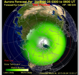 Forecast imagery from the Space Weather Prediction Center of NOAA show the lights will be at their brightest over Pennsylvania around midnight Wednesday night.