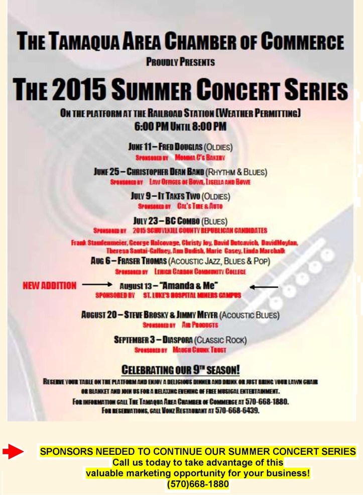 6-11, 6-25, 7-9, 7-23, 8-6, 8-13, 8-20, 9-3-2015, Summer Concert Series, Chamber of Commerce, Train Station, Tamaqua