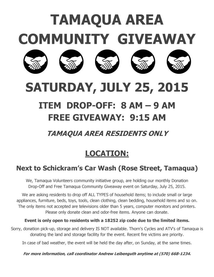 7-25-2015, Donation Drop-Off and Tamaqua Community Giveaway, M & M Self Storage, Schickram s Car Wash, Tamaqua