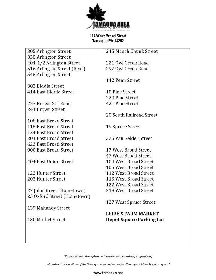 7-31-2015, List of Yard Sale addresses, Tamaqua Community Yard Sale, Sidewalk Sale, Tamaqua