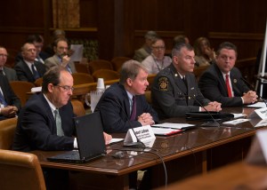Special to TamaquaArea.com / Senator David G. Argall (R-Schuylkill/Berks), second from left, testifies at a joint public hearing with the Senate and House Transportation Committees. The panel discussed Argall’s proposal to strengthen safety in work zones in Pennsylvania. The panel also included Robert Latham, left, Lieutenant Robert Krol, second from right, and Pennsylvania State Troopers Association President Joseph Kovel, right.
