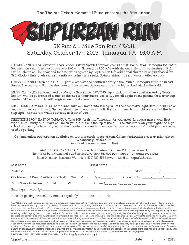 10-17-2015, Supurban 5K Application, Thelma Urban, TASD Sports Stadium, Tamaqua