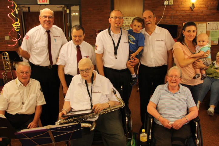 From front left are Joe Pitts, Sheldon Shafer and Mary Shafer. From back left are John Potlunas, Dale Schimpf, Ben Shafer,David Brimmer, Lee Shafer, Rachel Shafer Brimmer, and Isaac Brimmer. 