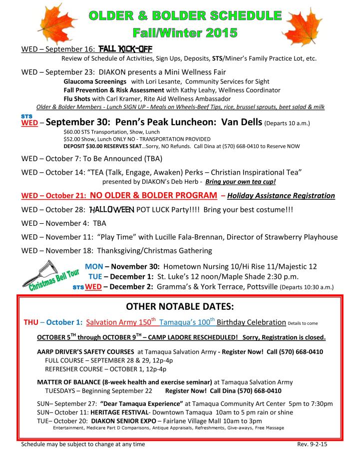 9-16, 23, 27, 28, 29, 10-1, 7, 11, 14, 20, 28, 11-4, 11, 18, 12-1, 2-2015, Tamaqua Salvation Army Older & Bolder Fall Schedule