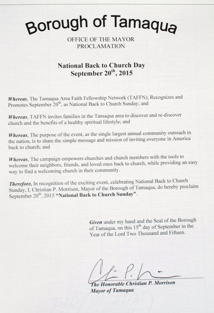 National Back to Church Day Proclamation, via Mayor Chris Morrison, Depot Square Park, Tamaqua (3)