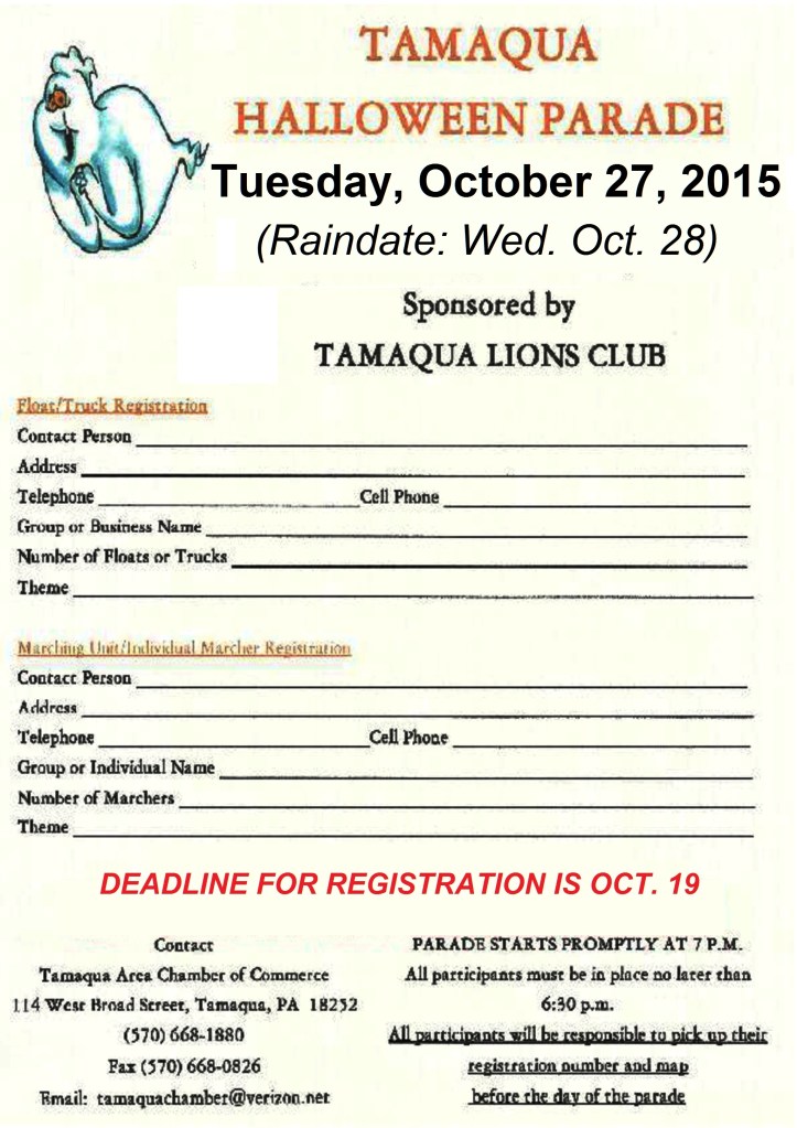 10-27-2015, Tamaqua Halloween Parade  Registation Form, Broad Street, Tamaqua