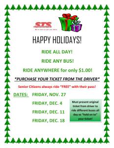 11-27, 12-4, 12-11, 12-18, 2015, STS Ride The Bus for a Dollar Holiday Program