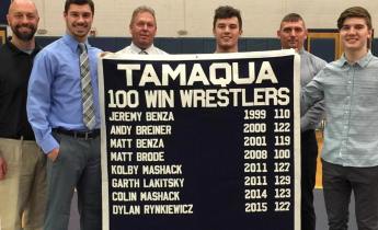 Special to TamaquaArea.com / Pictured from left are Mike Hromyak, Tamaqua Athletic Director; Dylan Rynkiewicz; Kolby Mashack; Jon Mashack, head coach; and Colin Mashack.